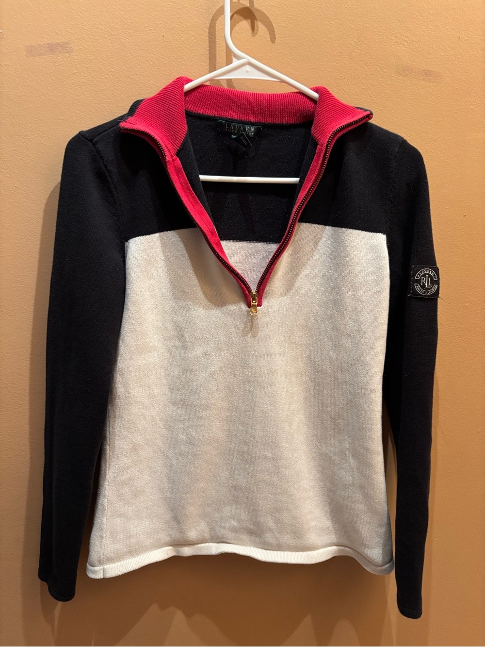 LAUREN RALPH LAUREN black cream half zip sweater size Medium cotton